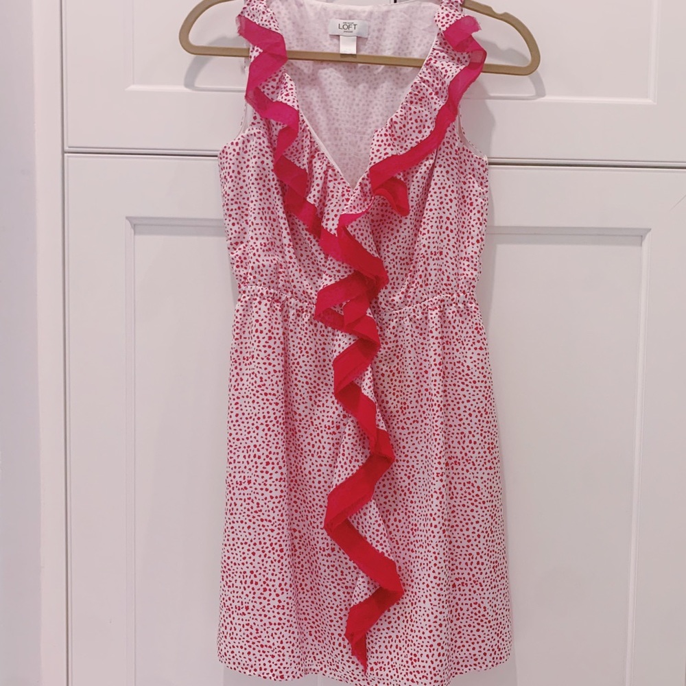 HOT PINK/FUCHSIA/WHITE💖ANN TAYLOR/LOFT PETITES XSP SILK RUFFLE MINI DRESS
